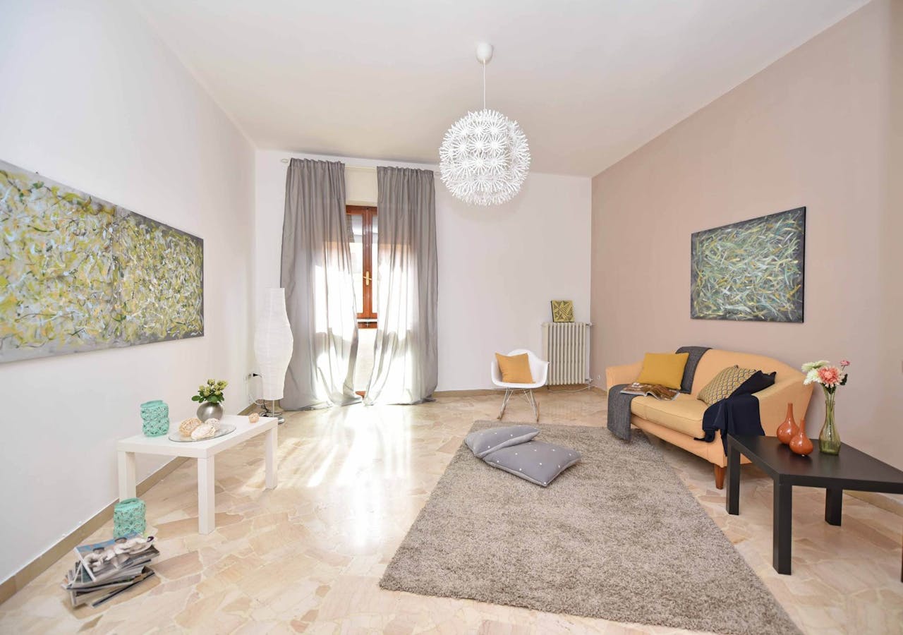 Warm, modern living room with a soft neutral carpet